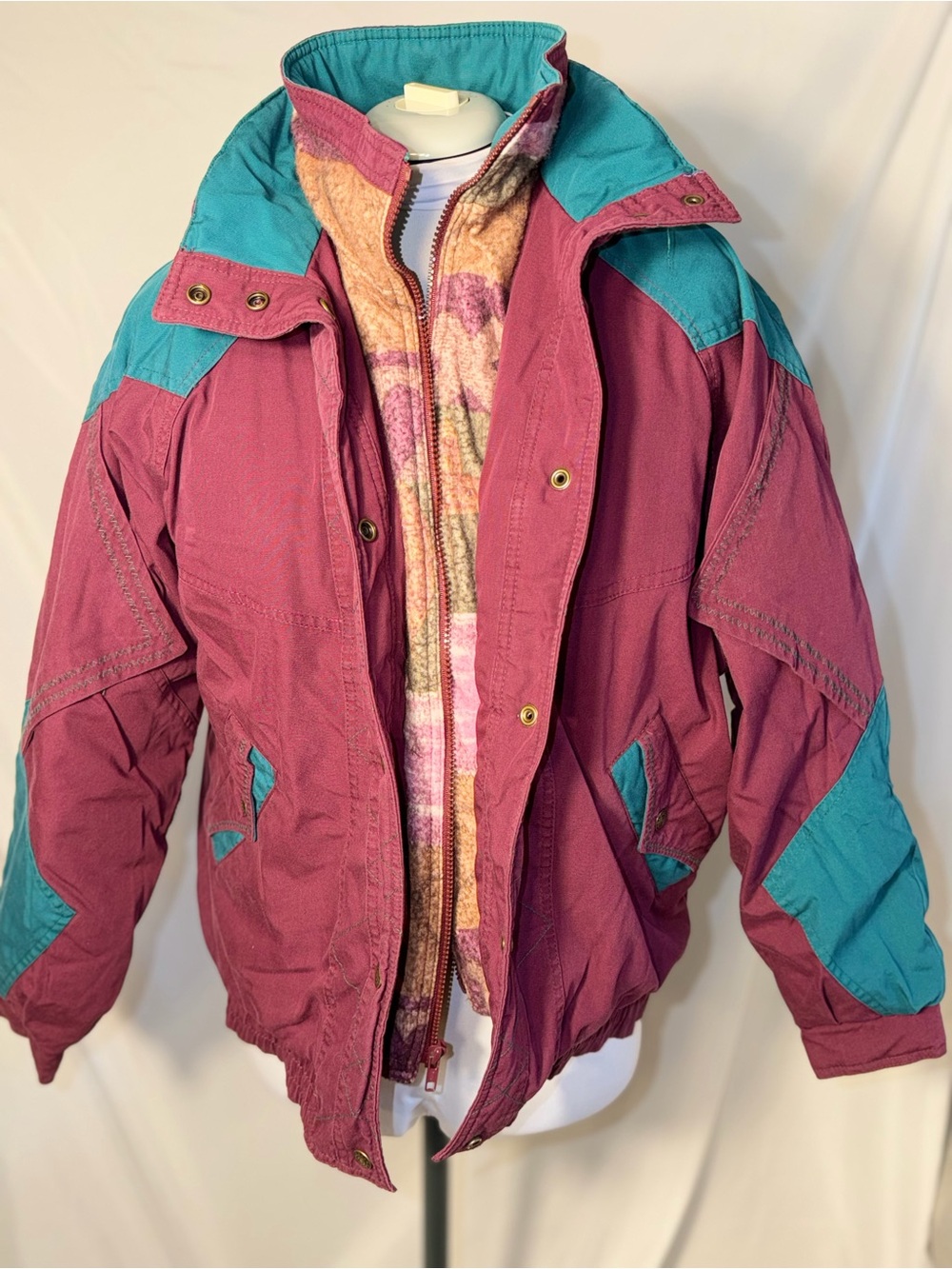 Vintage 80s Current Seen Colorblock Ski Jacket Medium Pink Magenta Teal